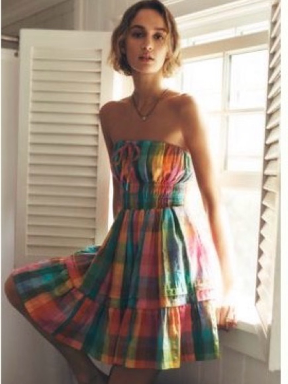 Anthropologie Strapless Rainbow Plaid Summer Dress